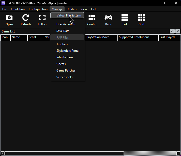 A screenshot of RPCS3, with the user hovering over "Virtual File System", under the "Manage" category.