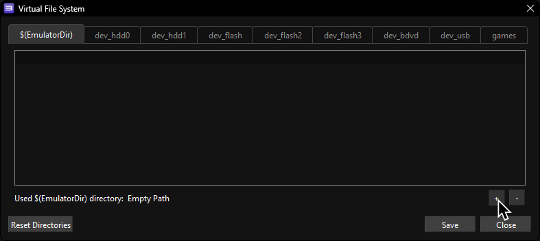 A screenshot of RPCS3's Virtual File System Menu, showing the cursor hovering over the plus symbol at the bottom.
