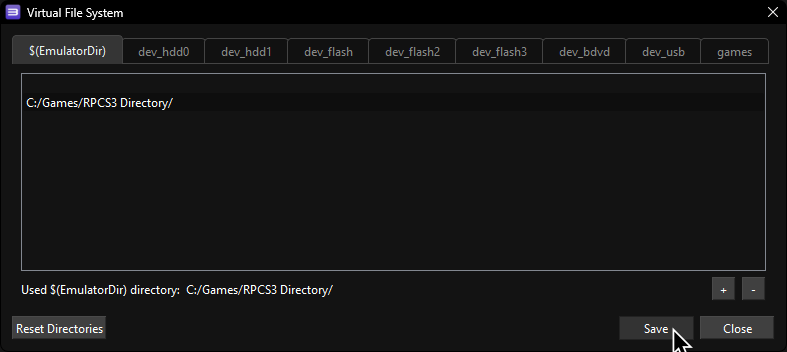 A screenshot of RPCS3's "Choose a directory" window, selecting the created folder.