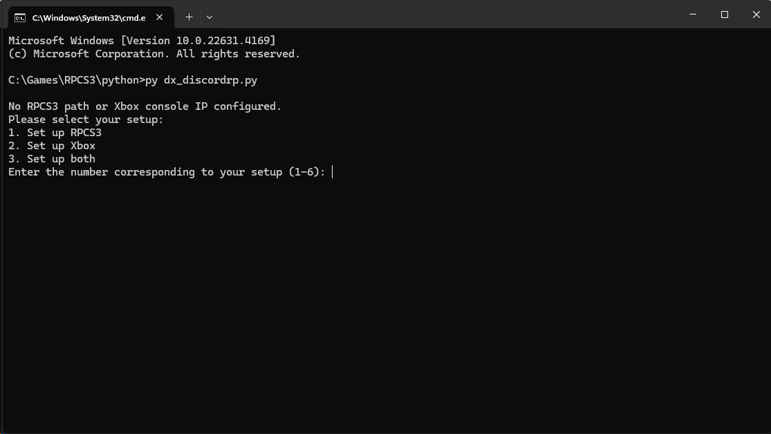 Una captura del símbolo del sistema ejecutando "py dx_discordrp.py." El archivo pregunta cual sistema quiere elegir.