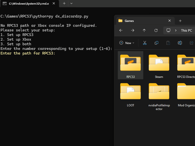 A GIF of a Windows command line, with it runing the "py dx_discordrp.py" script. It asks the user to input the RPCS3 path.