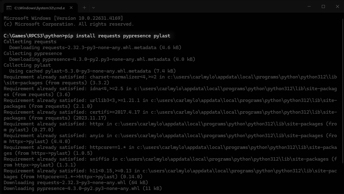 Una captura del símbolo del sistema ejecutando el comando de "pip install requests pypresence pylast".