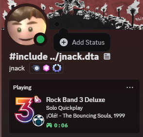 A screenshot of a Discord profile showing that they're playing Rock Band 3 Deluxe.