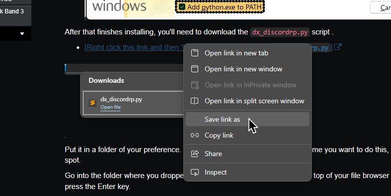 A screenshot of a user right clicking on "dx_discordrp.py" then on hovering their cursor over "Save link as".