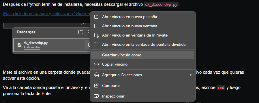 Una captura de un usuario haciendo click derecho en "dx_discordrp.py" y luego teniendo el cursor sobre "Guardar vínculo como".