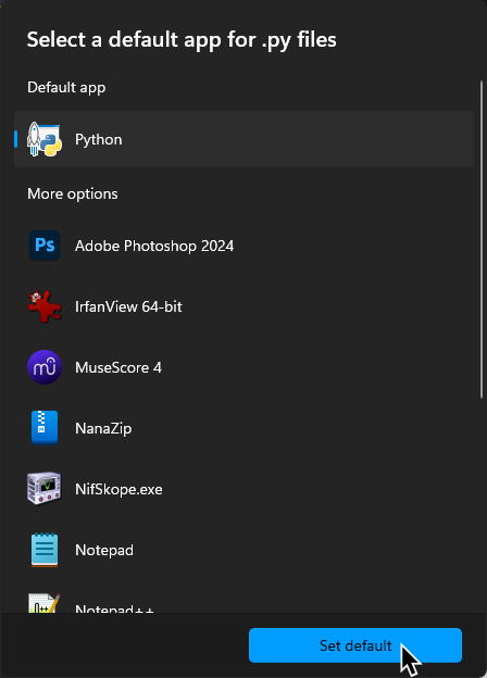 A screenshot of a Windows' default application selection. Python is selected and the cursor is over "Set Default."