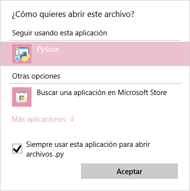 Una captura mostrando cual aplicación predeterminada esta configurada para abrir archivos .py