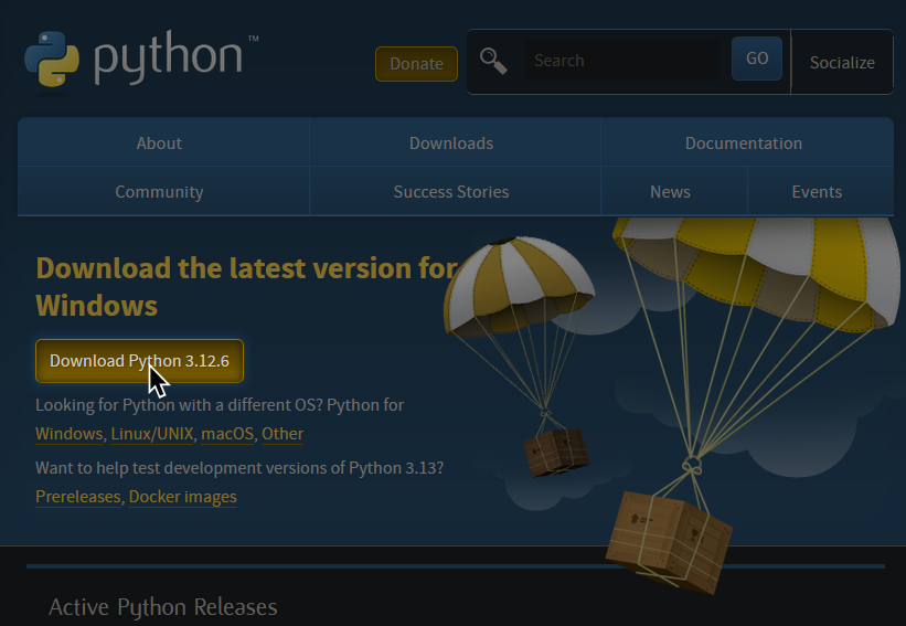 A screenshot of Python download website. A cursor hovers over "Download Python 3.12.6.