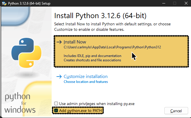 Una captura del instalador de Python. "Add python.exe to PATH" y "Install now" resaltados en cuadros bronceados con contornos sólidos.