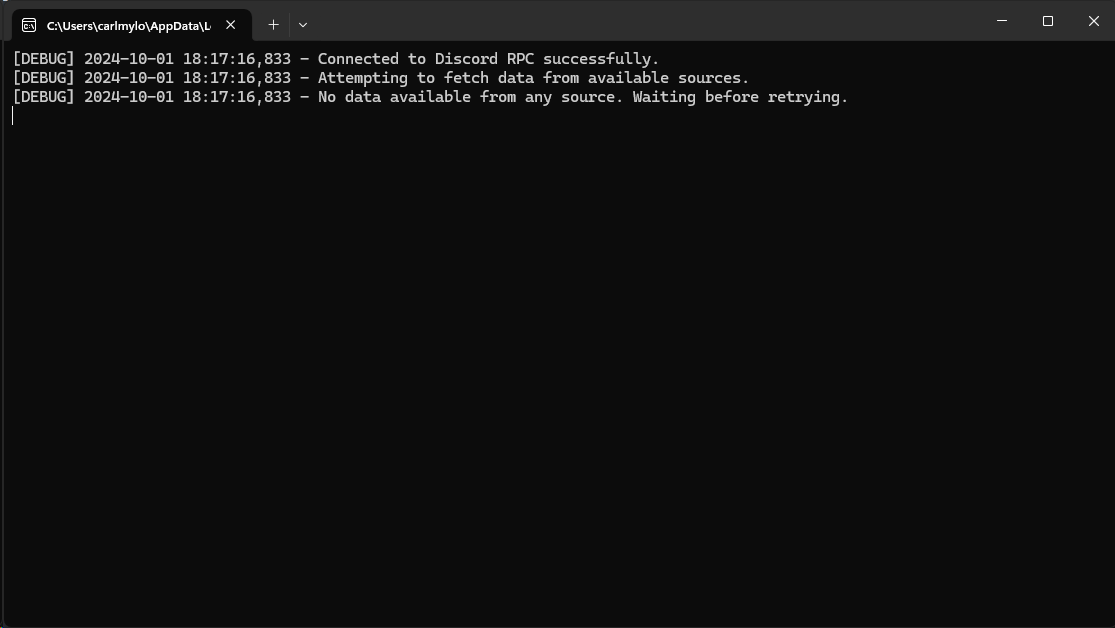 A screenshot of a Windows command line, with it running the Discord Rich Presence script.