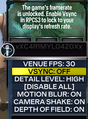 A screenshot of Rock Band 3 Deluxe's Graphics menu. VSync is selected and set to off