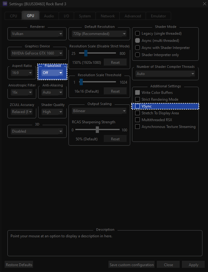 A screenshot of Rock Band 3's GPU custom settings, highlighting Framelimit and VSync in blue with a dotted outline.