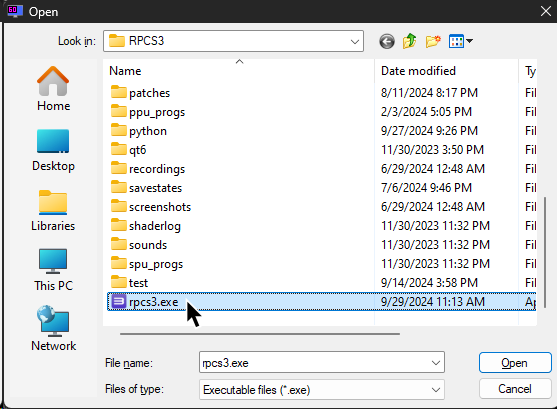 A screenshot of a file browser titled "Open". RPCS3 is selected and a cursor is over it.