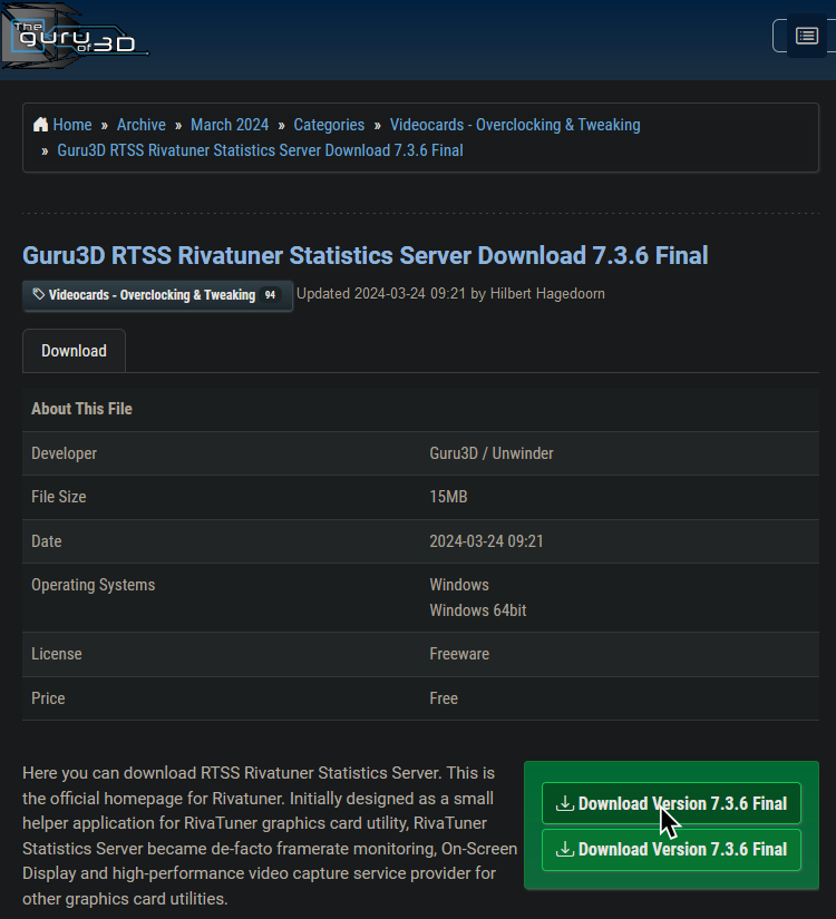 A screenshot of RTSS' download website. The cursor is hovering "Download Version 7.3.6 Final"