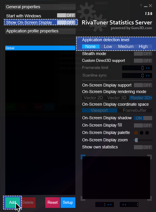 Una captura de RivaTuner Statistics Server, resaltando "Show On-Screen Display", "Application detection level" y "Add" en un cuadro azul con contorno punteado.