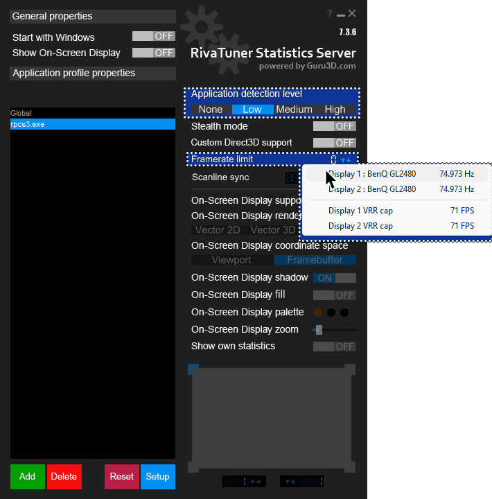 A screenshot of RivaTuner Statistics Server, showing "Application detection level" and "Framerate limit" highlighted in blue with a dotted outline. "Framerate limit" has a popout menu with the cursor over a display.