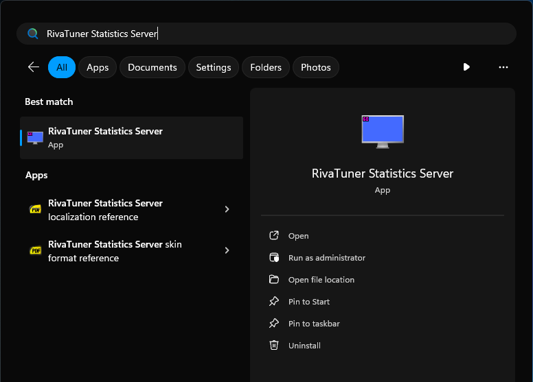 A screenshot of the Start Menu, with "RivaTuner Statistics Server" in the search results.