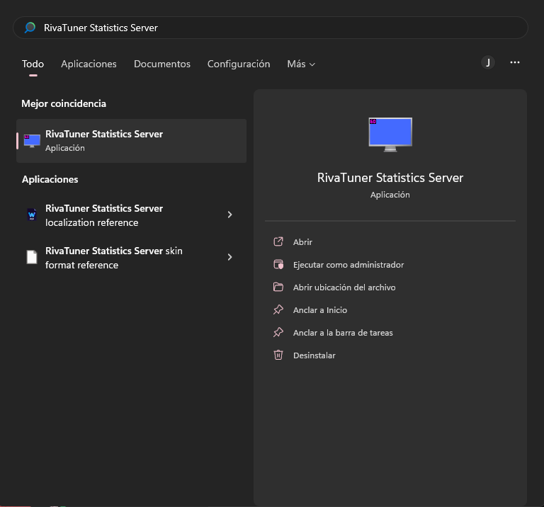 Una captura del menu de Inicio buscando "RivaTuner Statistics Server".